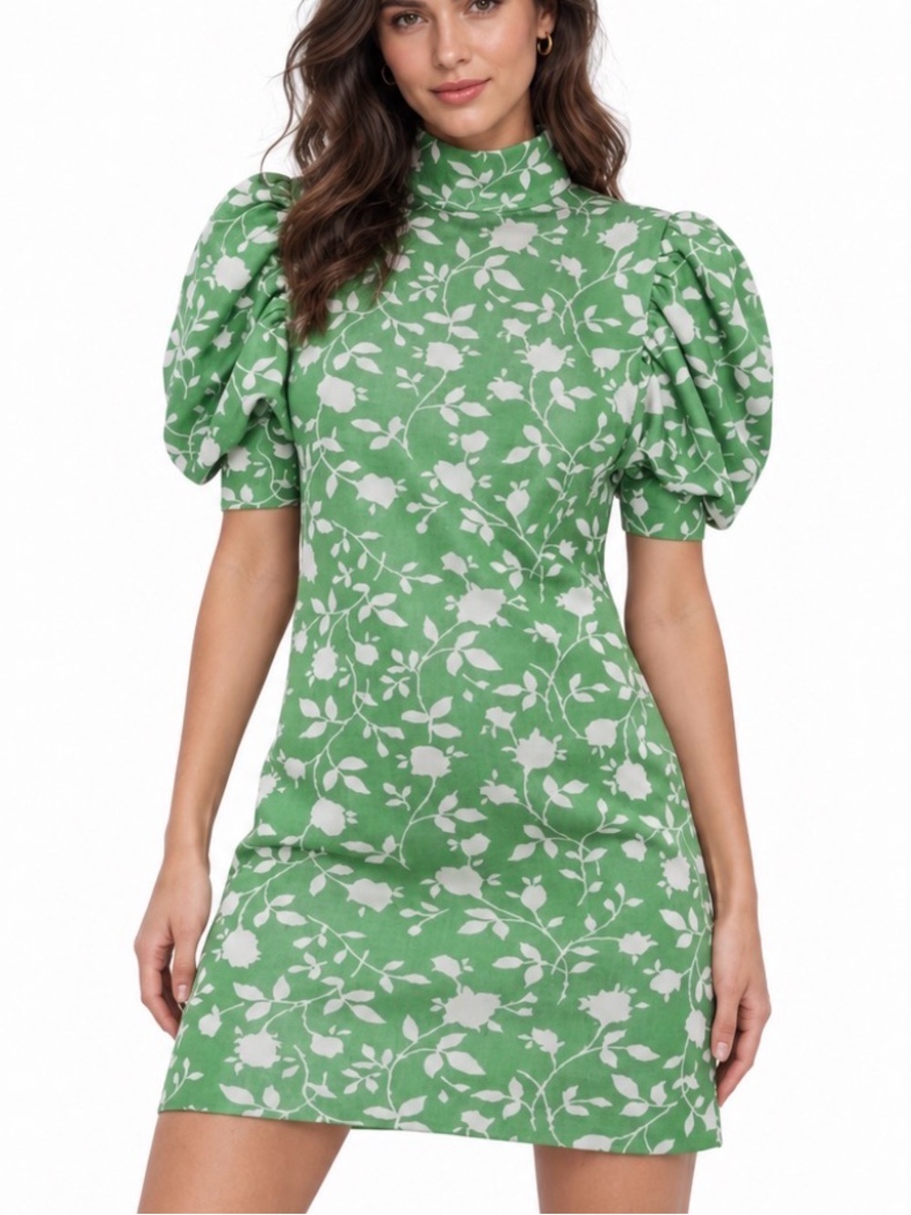 Zara Green Floral Mini Dress Puff Sleeve High Neck Size M New